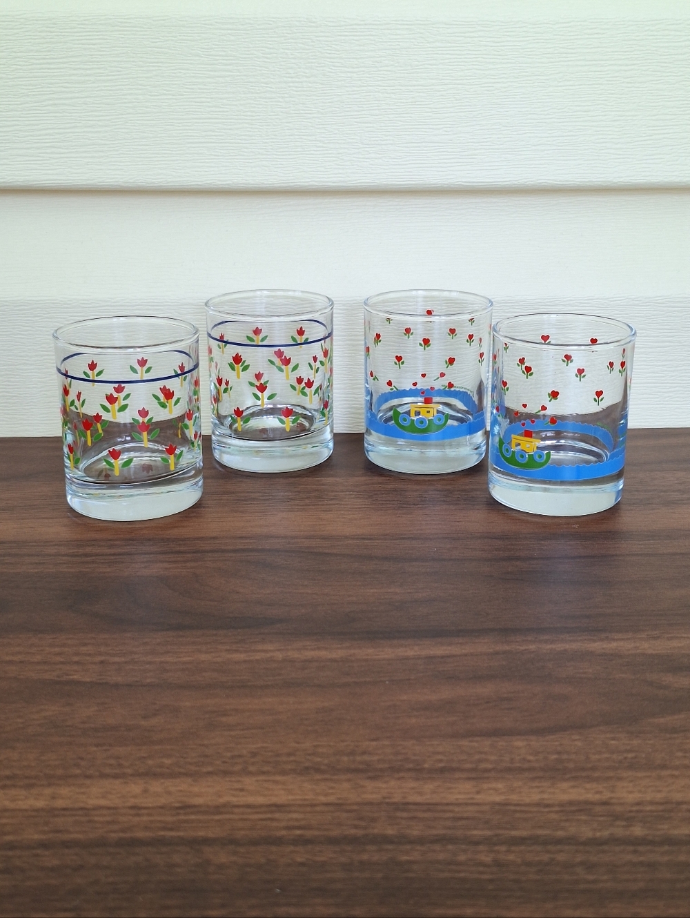 Vtg 80s Anchor Hocking 4 Miniature Floral/Tugboat 2" Juice Glasses Cottagecore